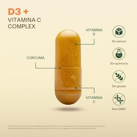 Vitamina D3, Vitamina C y Jengibre VITAL BOTANICS | 60 Cápsulas de 500 mg, Multivitamínico 3 en 1, para Adultos, 2 Meses, Sin Gluten y Aditivos
