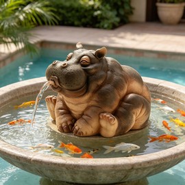 Hippo Water Spitter Statue for Pools and Ponds - Outdoor Resin Fountain Sculpture with Realistic Water Flow Garden Decor