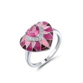Santuzza 925 Sterling Silver Pink Heart Shape Enamel Ring Pink Glass Cubic Zirconia Statement Ring for Women (6)