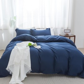 SheRest Navy Duvet Cover Twin Size - Soft Brushed Microfiber, 1 Duvet Cover 68x90 Inches with Zipper Closure 8 Ties & 1 Pillow Sham, Breathable Bedding Set for All Season (No Comforter)