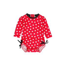 RuffleButts Baby Girls UPF 50+ Sun Protection Polka Dot Long Sleeve One Piece Rash Guard Swimsuit with Zipper - Red Vintage Polka, 18-24m