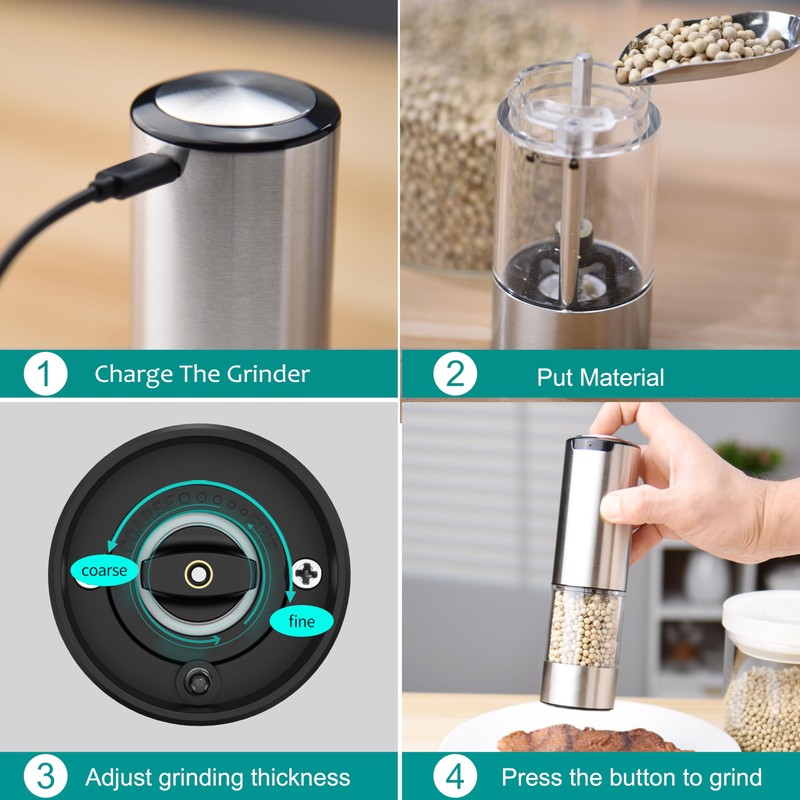 Electric Salt and Pepper Grinder Set Rechargeable Adjustable Coarseness Stainless