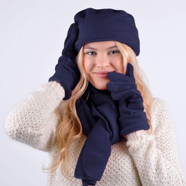 Nollia Women's Winter Fleece Winter Set-Polyester Fleece Hat, Gloves, and Scarf Set for Cold Weather-Navy