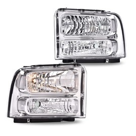 CNNELL Headlights Assembly Compatible with Ford Super Duty F250 F350 1999-2004 Truck Excursion Conversion Headlights Lamp Clear lens Chrome Housing Clear Reflector 1C3Z13008BA 2C3Z13008AB 2C3Z13201AA