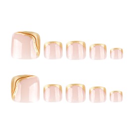 MERVF Press on Toenails for Women Gold 3d French Tip Fake Glue ons Toe Nails Summer Beach Design DIY Acrylic Supplies Glossy Manicure 24pcs