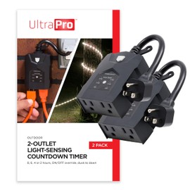 UltraPro Outdoor Outlet, Dusk-to-Dawn Sensor, Dual Outlet, 8/6/4/2hr Countdown, Weather-Resistant, Light Sensing, Seasonal & Landscape Timer, 2 Pack, Black, 71072