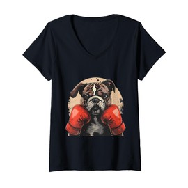 Womens Boxer Dog With Boxing Gloves Kickboxing Funny Boxing Bulldog V-Neck T-Shirt