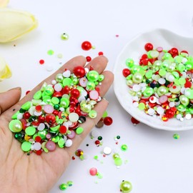 Briskbloom 60g Mix Flatback Pearls and Half Pearls, 3620PCS 2mm-10mm Pearl Rhinestones for Nails Face Art Tumblers, Jelly Rhinestones, Christmas Red|Green|White
