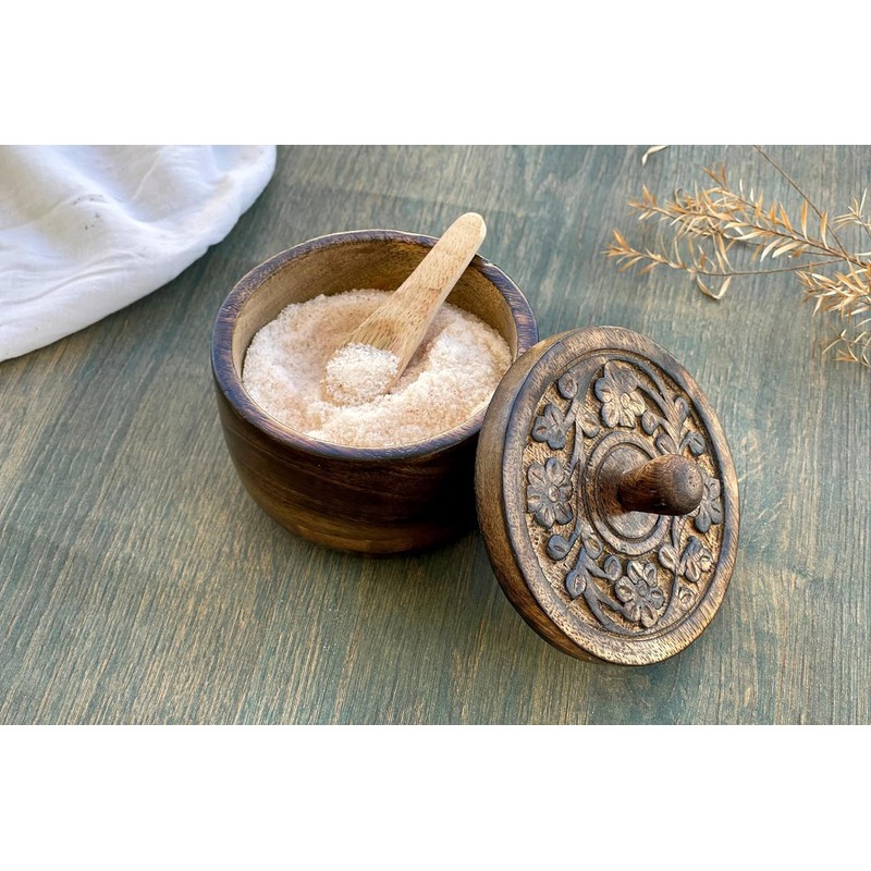 KPAVIR Rustic Salt Box with Hand Carved Lid & Spoon,