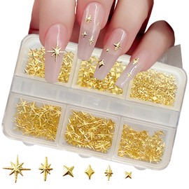 Gold Metal Star Nail Art Charms Set, 6 Styles 3D Nail Decorations with Storage Box, 150-200 Pieces Mixed Size Pentagram Studs for DIY Manicure