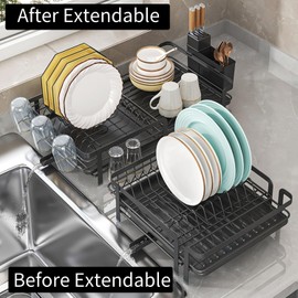 Dish Drying Rack, Dish Racks for Kitchen Counter, Over The Sink Dish Drying Rack, Expandable Dish Drainers with Drain Board and Utensil Holder, Kitchen Organizers and Storage