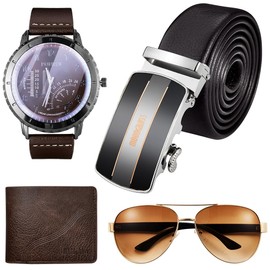 Lukovee Cartera Hombre, Cinturón Hombre de Piel, 4 en 1 Set de Regalo del Hombres, Relojes Cuarzo Y Anteojos para Hombres, Cinturones Ajustable 115/125 CM con Hebilla, Regalos para Día del Padres