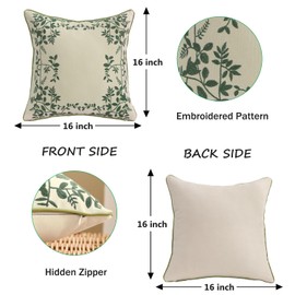 Tosleo Pack of 2 Embroidered Cushion Covers, 40 x 40 cm, Green Leaves Cushion Covers, Throw Cushion Covers for Garden Lounge, Sofa, Decorative Cushion, Living Room, Bedroom, Garden, Farmhouse