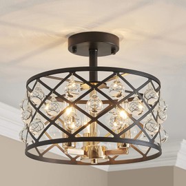 AGV LIGHTING CH013BB Farmhouse Semi Flush Mount Ceiling Light Fixture, E12 Base 3-Lights, D13 x H12, Matte Black & Light Gold Finish