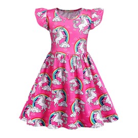 Benylion Girls Unicorn Dress Easter Dresses for Girls Playwear Short Sleeve Confirmation Dresses for Teen Girls 8-10T Kids Unicorn Dress Rose