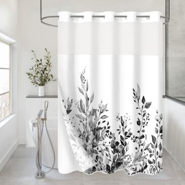 Gibelle No Hook Eucalyptus Shower Curtain with Snap-in Fabric Liner Set, Hotel Style Black Plant Leaves Double Shower Curtain with See Through Top Window, Waterproof & Washable, 72x74