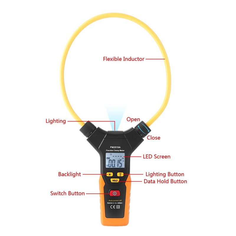 Flexible Clamp Meter, Walfront PEAKMETER PM2019A/PM2019S Handheld Digital Flexible Clamp