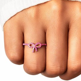 NORLSO Pink Bow Ring for Women Rhinestone Bow Rings Cubic Zirconia Ribbon Rings Pink Bowknot Ring for Girls Women Birthday Valentine's Day Gifts, Metal, No Gemstone