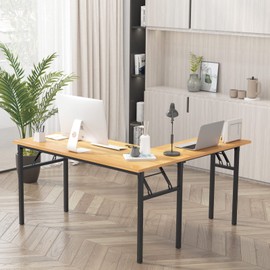 DlandHome Reversible L-Shaped Desk Large Corner Desk Folding Table Computer Desk Home Office Table Computer Workstation,Teak Black-N