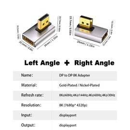 Duttek 8K 90 Degree Display Port 1.4 Adapter, Left & Right Angle Displayport Extender Adapter 32.4Gbps, DisplayPort Male to Female Adapter (8K/60Hz, 4k/144Hz) for PC, Laptop 2Pack