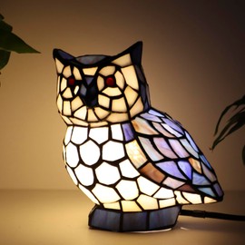 SYLW Tiffany Owl Lamp Blue and White Stained Glass Animal Table Lamp Accent Lamp