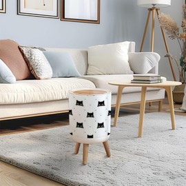 EINGDVPRWEK Trash Can with Lid Black cat Kitten Polka dot Seamless Pattern Press Top Round Small Garbage Bin with Wooden Legs Waste Basket for Kitchen Bedroom Nursery 7L/1.8 Gallon