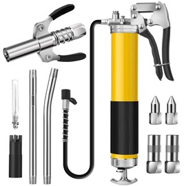 Akeoil Grease Gun Kit, 8000 PSI Heavy Duty Pistol Grip Grease Gun, Grease Gun Tool for 14 oz Grease Tubes, Multiple Fittings, Extension Tubes, and Needle Tip Nozzle - Hand Grease Gun with Coupler