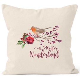 Autiga Cushion Cover Christmas Winter Wonderland Bird Robin Flowers Mistletoe Christmas Bird Nature 40 cm x 40 cm