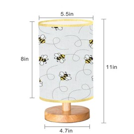 UGDBFUY Dimmable Bedside Lamp Seamless with Flying Bees on a Dotted Route Cartoon Black and Yellow Desk Lamps Wooden Base Linen Lampshade Table for Bedroom Living Room Study Office Gift 5.5*11inches