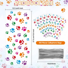 Blulu 100 Pieces Pet Paw Print Cone Cellophane Bags Heat Sealable Candy Bags Dog Paw Gift Bags Cat Treat Bags with 100 Pieces Silver Twist Ties for Pet Treat Party Favor (Colorful)
