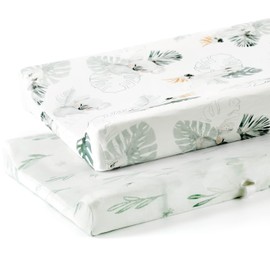 GRSSDER - Juego de 2 fundas elásticas de punto ultra suaves para cambiar, fundas de mesa para cambiar, para almohadillas para orejas de 32 pulgadas, 34 x 16 pulgadas, seguras y cómodas, elegantes animales de acuarela para bebé, verde menta