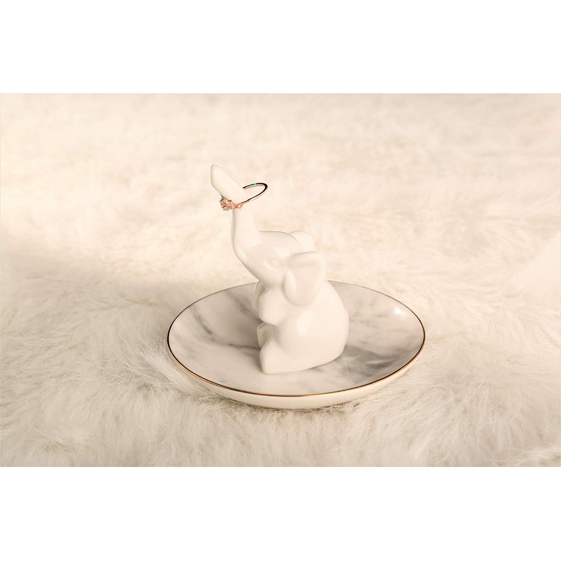 HOME SMILE White Elephant Ring Holder with Marble Pattern Dish