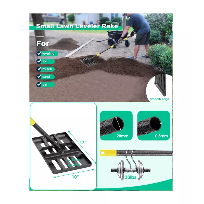 Nicecho Heavy Duty 17"x10" Lawn Leveling Rake w/ 60"L Adjust
