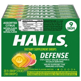 HALLS Defense Vitamin C Drops Assorted Citrus Flavors 20 Pocket Sticks