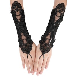 Specell Lace Fingerless Gloves - White & Black Satin Sheer Gloves for Women