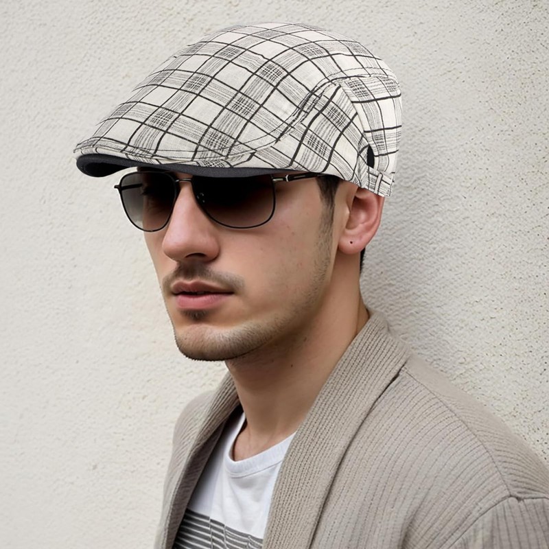 Rayson Flat Cap Men's Beret Cap Checked Adjustable Beret Hat