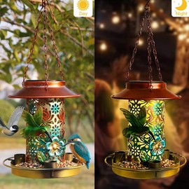 Zjyufy Solar Bird Feeder for Outdoors Hanging, Metal Wild Bird Feeder, Solar Garden Lantern for Patio, Lawn, Pathway, Great Gift Idea