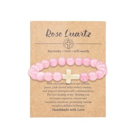 Pingyongchang Christian Gifts for Women Men Cross Healing Crystal Bracelet Faith Easter Catholic Religious Bracelet Natural Stone Stretch Bracelets Stress Relief Anxiety Yoga Bracelet -Rose Quartz