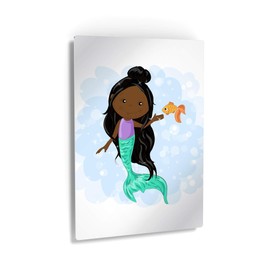 Smile Art Design Cute African American Art Mermaid Decor with Cute Fish White Background METAL PRINT Kids Room Decor Metal Wall Art Baby Room Decor Nursery Decor Made in the USA- 24x16