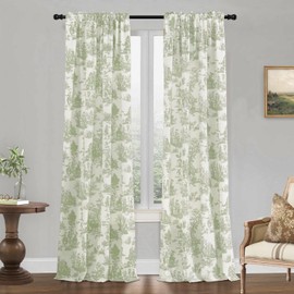 Sage Green Curtains 108 Inches Long for Living Room Bedroom,Spring Country Scenic Design Toile de Jouy Floral Pattern Print 108L Drapes Light Filtering Patio Door Curtain for Sliding Door Dining Room
