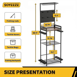 SOYEEZE Fishing Rod Holders for Garage, Fishing Rod Rack Hold Up to 12 Rods, 3 Tier Shelf, Pegboard and Wooden Countertops Designied for Fishing Pole Tackle Box Reel Line Storage, Fishing Gift