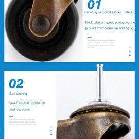 Antique Brass Casters Wheels 5/16" x 1-1/2" (8 x 38mm) Rubber Stem Casters Vintage Furniture Roller Casters (2.0 Inch Antique Caster Without Brake)
