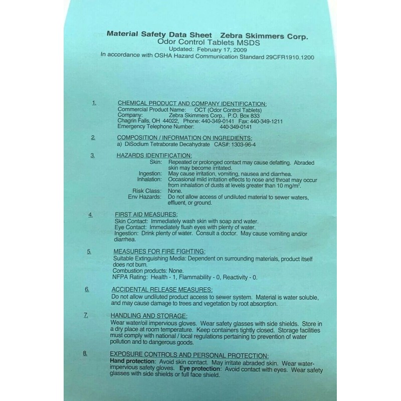 ZEBRA XOCT25 ODOR CONTROL TABLETS FOR COOLANT