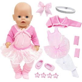 Pink Ballet Babypuppenkleidung für 12-18 Zoll Baby Puppen, 12 Stück Puppenkleidung 35-43cm Outfit mit Jacke Tüll Kleid Strumpfhose Schuhe Haarband Haarspange für Puppenkleidung Zubehör Geschenk