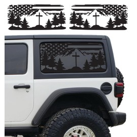 Compatible with Jeep Wrangler Jk (2 Door) 2007-2018 Precut American Flag Outdoor Mountain Forest Scene Window Decals Both Side Proudly Made in The US Matte Black (US Flag Cross Mountain)