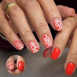Valentines Press on Nails Short Square SWEKKE Orange Fake Nails False Nails with Designs Cute Heart Full Cover Glossy Glue on Nails Valentine's Day Acrylic Nails for Women Girls 24 Pcs
