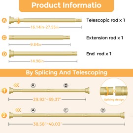 Fvonzn 2 Pack Gold Shower Curtain Rods for Windows 28 to 48 inch Adjustable Shower Rod Spring Tension Curtain Rods No Drilling Extra Long Gold Curtain Rod Non Slip Shower Rods for Bathroom Window Cafe