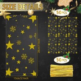HESTYA 50 Counts 5 x 11 Inches Christmas Flat Clear Cellophane Treat Bags Block Bottom Patterned Storage Bags Twist Ties for Xmas Party Favor, Gold Five Pointed Star