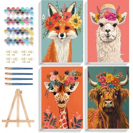 4 Pack Paint by Numbers kit for Adults with Frame and Wooden Easel, Animals Paint by Number Canvas, Easy Paint by Numbers Kit for Adults Beginner Home Wall Decor Gift (8x12 inch)