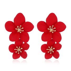 Flower Dangle Earrings,Boho Double Layered Floral Petal Drop Earrings Statement Stud Earring Multicolor Double Flowers Dangle Earings for Women Girls (red)